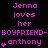 Pixelated text in bright pink on black background reads "Jenna loves her BOYFRIEND-anthony" with a small heart symbol above the name.
