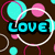 Brown background with cyan and pink circles, white outlined rings, and the word LOVE in varying colors.
