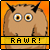 A 3x2 contact sheet of six animated frames showing a pixelated brown owl-like creature with black horns and large eyes against an orange background, each frame featuring the text "RAWR!" on a yellow banner below.