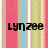 Pixelated text 'Lynzee' overlaid on vertical stripes of pink, beige, blue, white, green, and yellow.