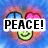 A heart-shaped icon with a blue background, featuring a green smiley face and pink heart outlines, with text overlays changing from "PEACE!" to "LOVE!" to "SMILEY FACES!".