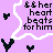 Pixel art contact sheet showing two frames of an animated icon with purple background, white wavy lines, black heart shapes, and text reading "her heart beats for him" in pixelated font.