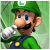 Pixelated image of a character with green cap, blue overalls, and white gloves holding a white object against a green background.