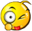 Yellow emoji face with one eye winking, one eye wide open, red lips, and a small brown curved line above the head.