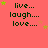 identical pixelated text blocks on a coral background, each displaying 'live... laugh... love...' with scattered green and yellow stars