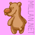 Brown cartoon bear with orange nose holds acorn, standing on pink background with repeated 'MELANET' text, showing three distinct poses across observations.