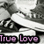 Pixelated grayscale image of a figure in motion with pink text 'True Love' at the bottom.