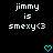 Pixelated text displays 'jimmy is smexy<3' with cyan heart symbols below on a black background.