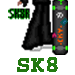 Pixelated character with red hair tied in a high ponytail, green eyes, and black clothing holding a skateboard with green accents.