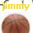 Yellow pixelated text 'jimmy' above a blurred circular brown-and-red figure on white background.