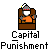 Pixelated character in orange shirt and gray helmet sits in brown chair with yellow sparkles, labeled 'Capital Punishment' below.