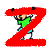 Four of a pixelated character in green shirt and blue shorts interacting with large red Z-shaped object against white background