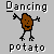 Animated contact sheet of a dancing potato character with multiple poses across 7 frames, each labeled "Dancing" and "potato" in pixelated text on gray background.