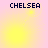 Pixelated text "CHELSEA" appears in four quadrants on a gradient background shifting from pink to yellow with subtle circular light effects.