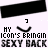 Animated icon with repeated text 'HY Icon's Bringin SEXY BACK' and a curved black shape, featuring color changes in the word 'Bringin' across frames.
