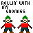Pixel art contact sheet showing four identical gnome characters with text "ROLLIN' WITH MY GNOMIES" above them, displayed in a 2x2 grid layout on a white background.