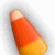 Animated candy corn icon with orange and yellow segments, transitioning between upright and tilted orientations on white background.
