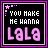 Two side-by-side pixel art frames of a buddy icon with text and decorative elements on black backgrounds, framed by pink borders.