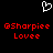 Pixelated white heart symbol above red text reading '@Sharpiee Lovee' on black background, two identical instances side-by-side.
