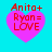 Four identical pink heart-shaped icons with red text 'Anita+ Ryan= LOVE' on a cyan background, arranged in a