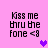 Pixelated text 'Kiss me thru the fone <8' on pink background with purple heart symbols in different positions.