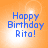Blue pixelated text 'Happy Birthday Rita!' on an orange gradient background with a bright white circular glow.