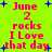 A bright green background displays pink text reading "June 2 rocks I Love that day" with blue star shapes scattered around, in a pixelated style.