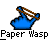 Pixel art animation of a blue figure with white eyes holding a brown slingshot, transitioning through multiple poses with text "Paper Wasp" below each frame.