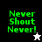 Green pixelated text 'Never Shout Never!' on black, white, and gray backgrounds with a small star icon changing from white to black.