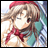 Pixelated anime-style character with light brown hair, red headband, and red scarf, wearing a teal and white checkered garment against a bright background.