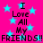 Bright pink background with light blue stars and repeated black text reading "I Love All My FRIENDS!! FRIENDS!!" in pixelated font.