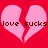Two pink broken hearts on red background with 'love sucks' text in brown pixelated font.