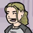 Pixelated character with light brown hair, closed eyes, and mouth open in a laugh wearing dark gray shirt over white undershirt against purple background.