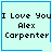Four identical light cyan square with blue borders display "I Love You Alex Carpenter" text; two include small symbols