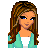 Pixel art of a woman with long brown hair wearing a teal jacket over a white shirt, shown in with varying eye states and text below