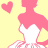 Pixelated pink silhouette of a figure with long hair against yellow background, holding white heart-shaped object near chest and floating pink heart to left.