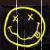 A yellow neon-style smiley face icon with X eyes and a curved mouth, featuring a small stick figure running inside the circle on a black background across three animated frames.