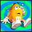 Pixelated yellow cartoon character with brown hair, white shirt featuring two vertical orange lines, floating against green and blue gradient background.