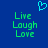 Blue background with green text reading "Live Laugh Love" and a cyan heart symbol above the left text block.