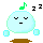 Pixelated cartoon character with light blue body, brown base, and cyan limbs in various expressions including closed eyes, open mouth, and musical notes above head.
