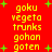 Red background with yellow text listing 'goku', 'vegeta', 'trunks', 'gohan', 'goten' in two , surrounded by green plus signs