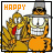 A 2x2 contact sheet of three animated frames showing a cartoon cat and turkey character in Thanksgiving-themed attire with changing text above them.