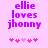 Pixelated text 'ellie loves jhonny' in purple on light pink background with pink heart symbols below.
