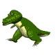 Green cartoon dinosaur with light beige underbelly in walking cycle animation, four distinct poses across chronological observations.