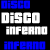 Pixelated text displays 'disco' and 'inferno' in various colors and styles on a black background with a gray section.