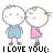 Animated contact sheet of 14 frames showing a cartoon couple with changing text and heart symbols beneath them.