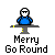 Pixelated character in blue shirt on gray stand with yellow accents, text 'Merry Go Round' below, multiple poses showing arm and head movement.