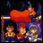 Pixelated anime-style scene with four characters and text on a black background, featuring a large red figure with horns and a smaller orange figure holding a staff.