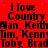Red background with repeated black text reading "I love Country" followed by names, with scattered purple dots and a gray rectangle in the bottom-right corner.