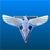Pixelated image of a white bird-like creature with outstretched wings against a blue gradient background.